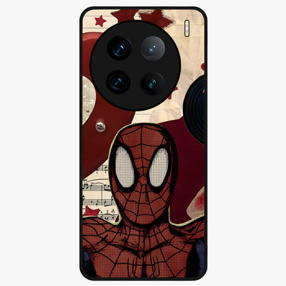 Web Warrior Vibes Glass Case showing flat back view with superhero inspired web themed artwork and glossy glass finish.
