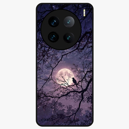 Whispering Moon Silence Glass Case showing flat back view with serene moon themed artwork and glossy glass finish.