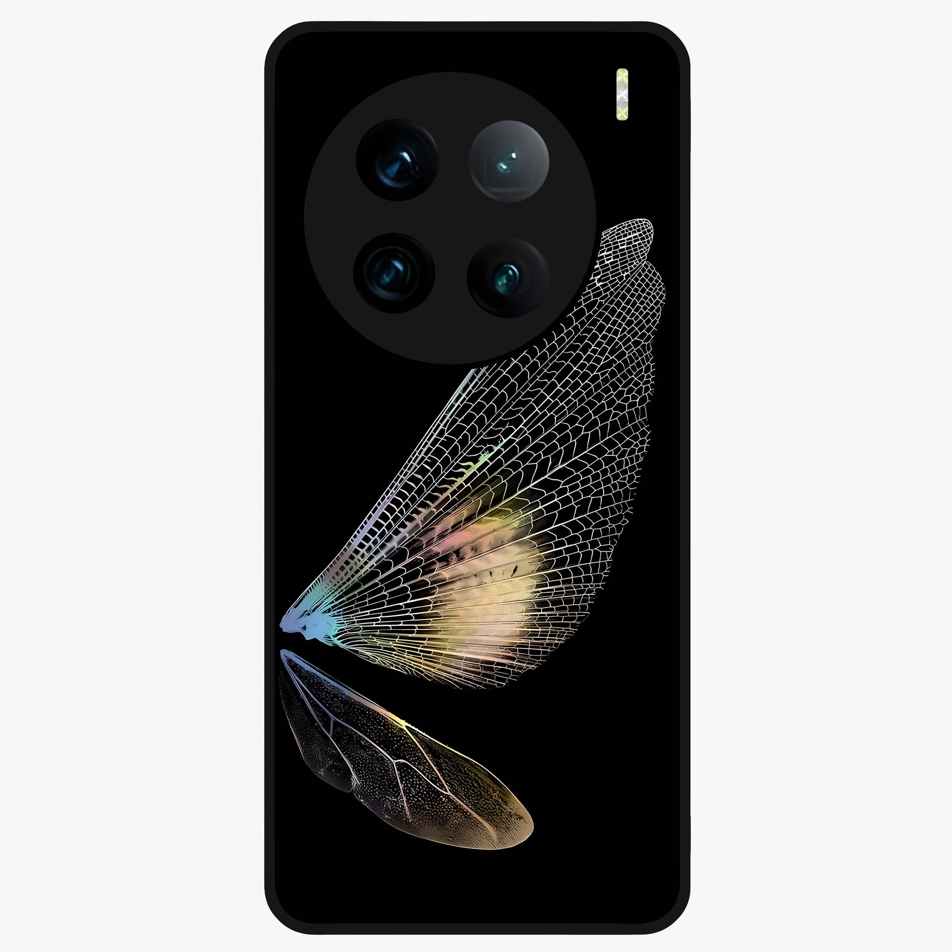 Whispers Of Wings Glass Case showing flat back view with graceful wing inspired artwork and glossy glass finish.