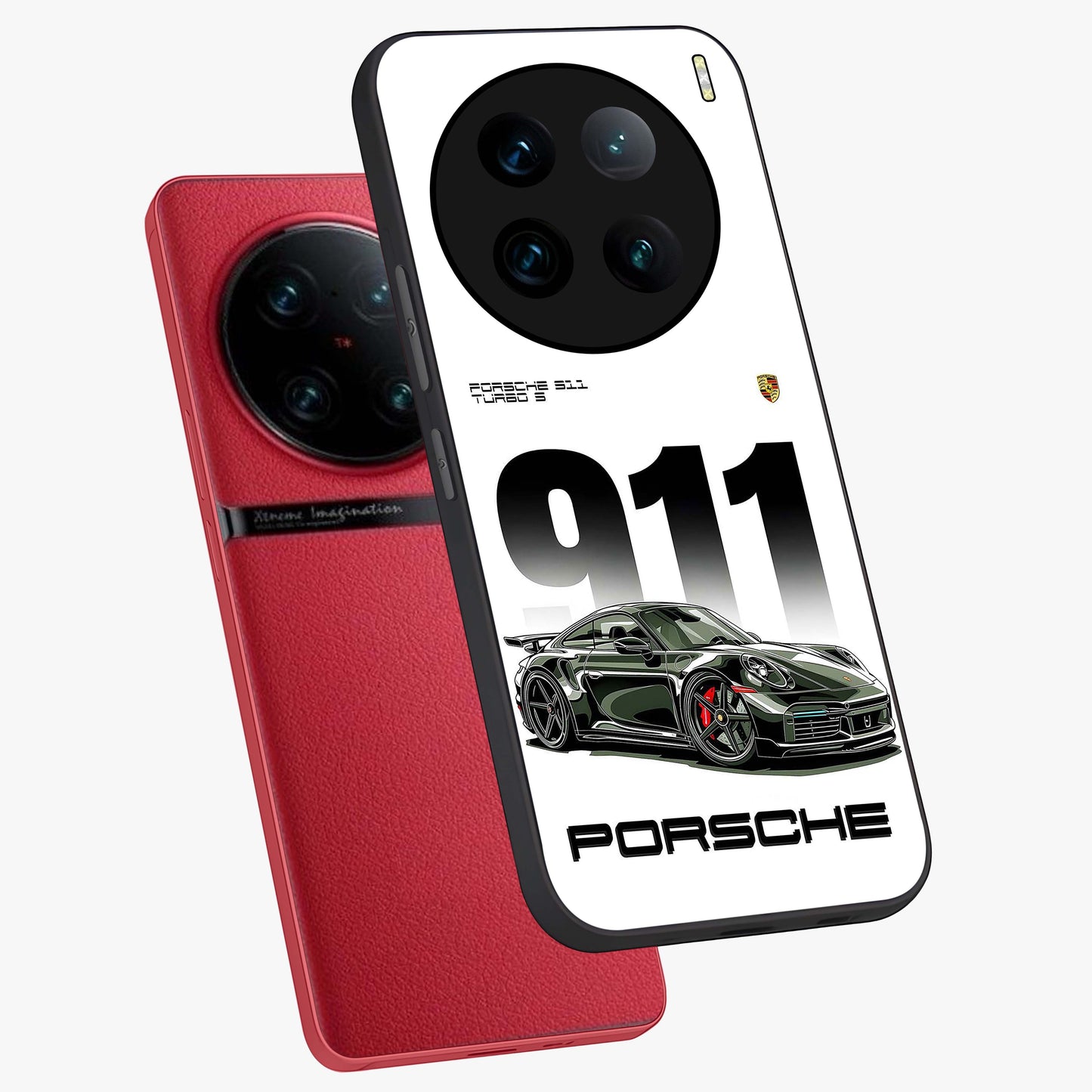 911 Turbo Dominance Glass Case displayed in premium angled mockup highlighting sporty car illustration and sleek glass surface.