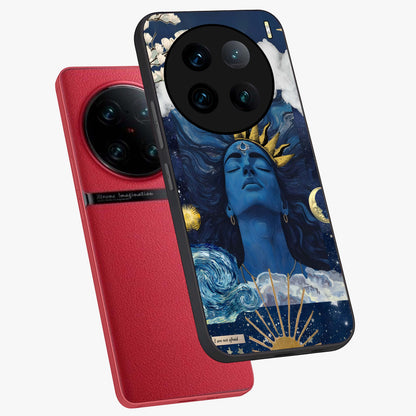 Aesthetic Lord Shiva Glass Case displayed in angled mockup highlighting spiritual Shiva illustration and sacred aesthetic design.