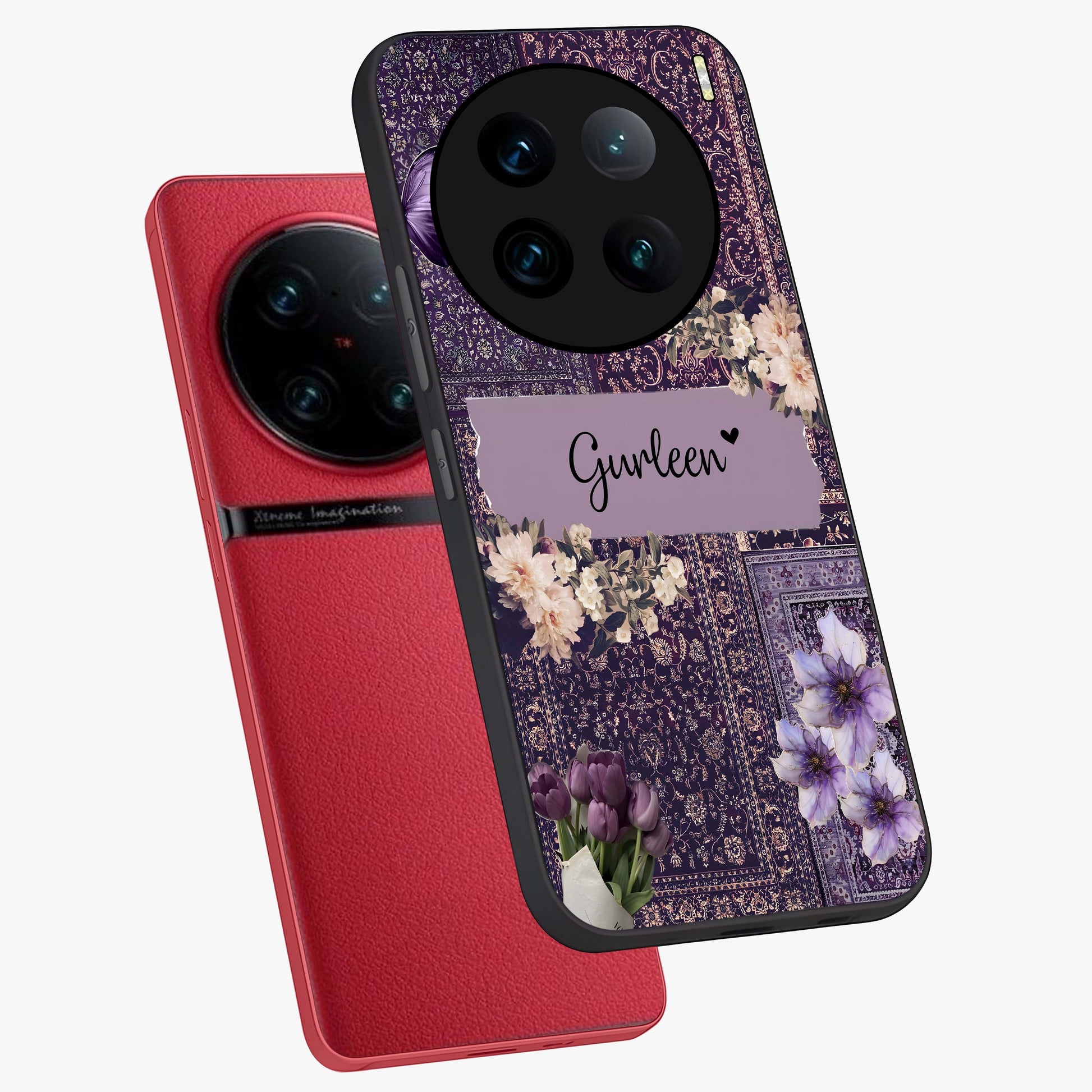 Antique Floral Whisper Custom Name Glass Case displayed in angled mockup highlighting elegant antique floral aesthetic.