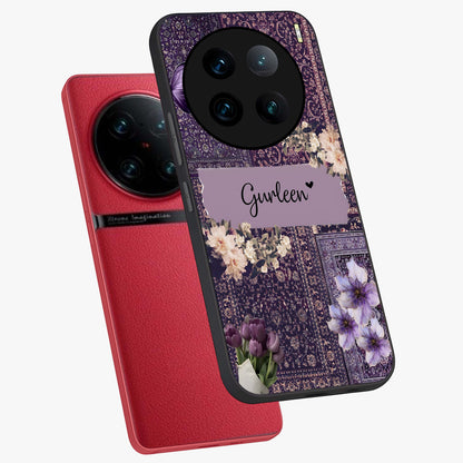 Antique Floral Whisper Custom Name Glass Case displayed in angled mockup highlighting elegant antique floral aesthetic.