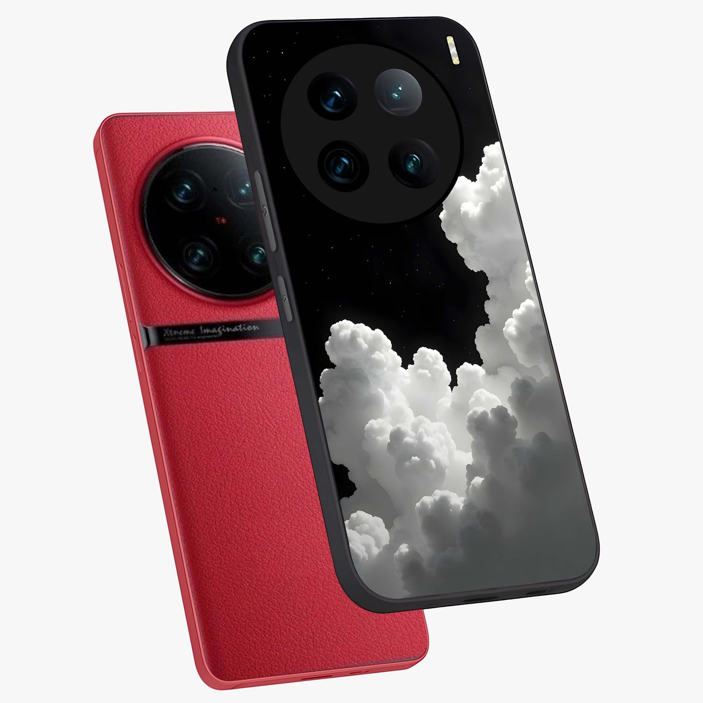 Black Background With White Cloud Glass Case displayed in angled mockup highlighting soft white cloud illustration and minimal design.
