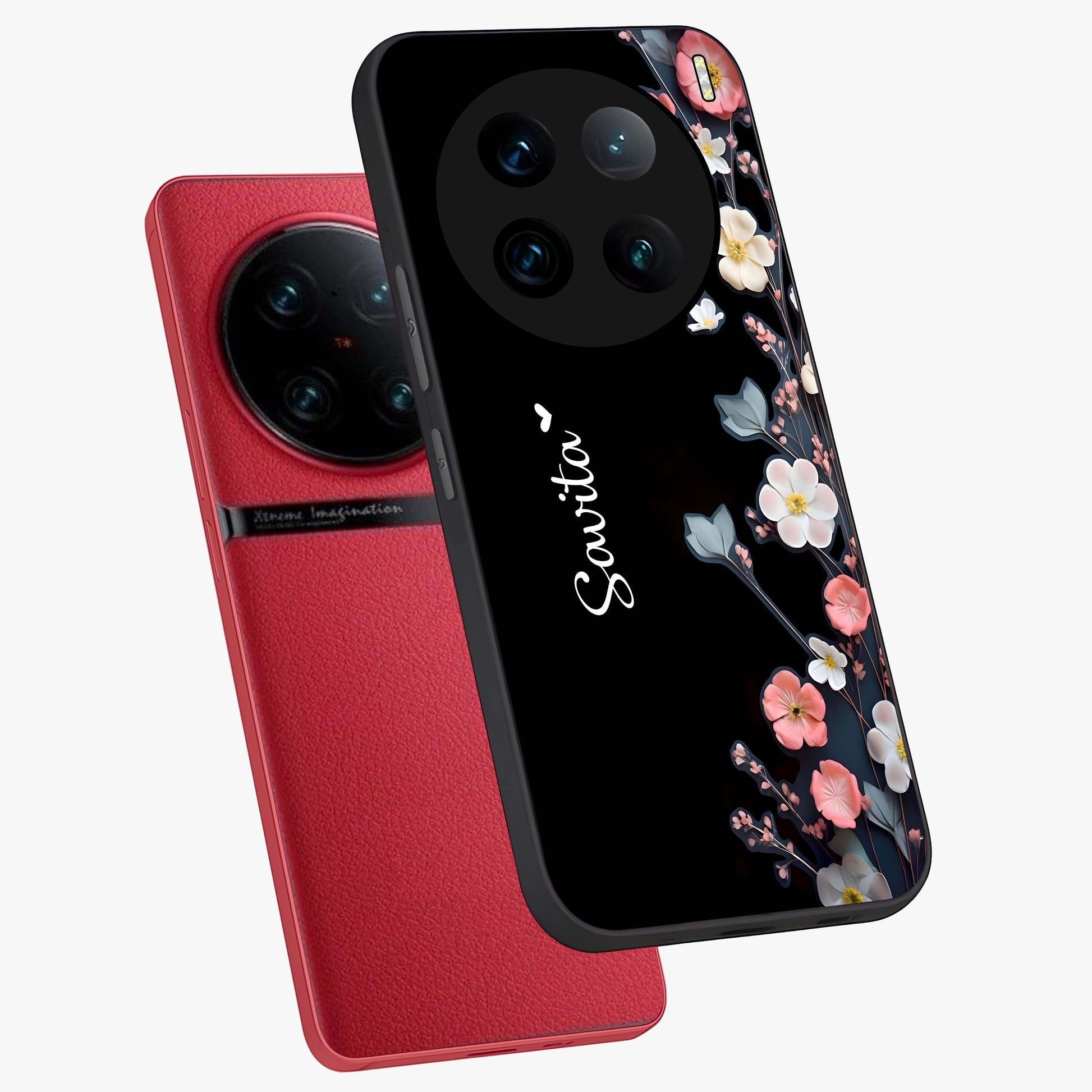 Black Elegance Floral Custom Name Glass Case displayed in angled mockup highlighting dark floral aesthetic and custom name feature.