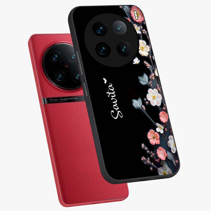 Black Elegance Floral Custom Name Glass Case displayed in angled mockup highlighting dark floral aesthetic and custom name feature.