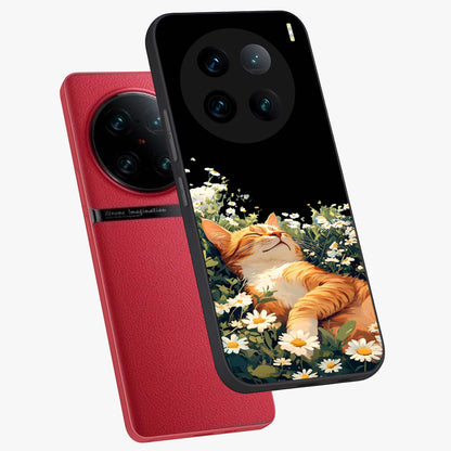 Blissful Bloom Cat Glass Case displayed in angled mockup highlighting playful feline illustration with soft floral aesthetic.