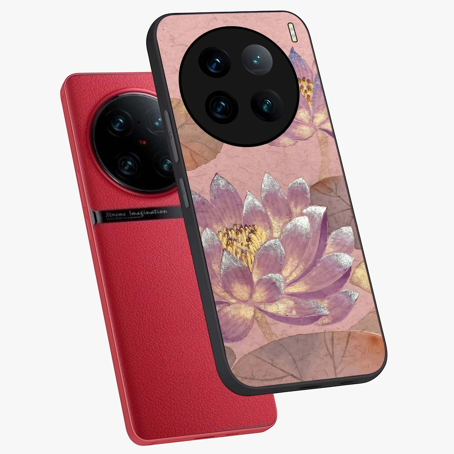 Blossom Mist Lotus Glass Case displayed in angled mockup highlighting delicate lotus illustration with calm aesthetic theme.