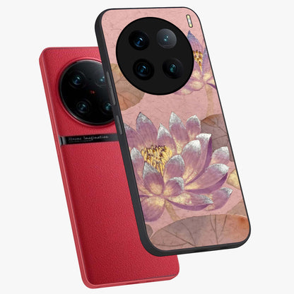 Blossom Mist Lotus Glass Case displayed in angled mockup highlighting delicate lotus illustration with calm aesthetic theme.