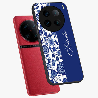 Blue Vintage Floral Pattern Glass Case displayed in angled mockup highlighting subtle bloom pattern with aesthetic pastel design.