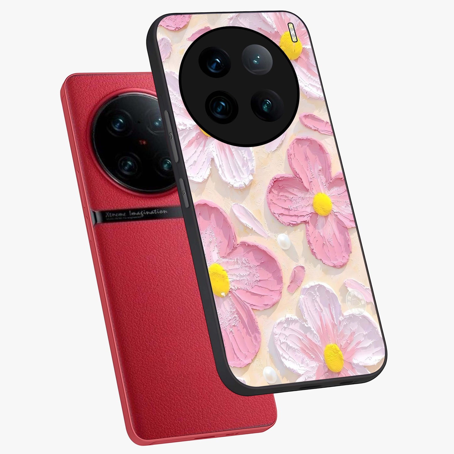 Blush Bloom Texture Glass Case displayed in angled mockup highlighting subtle bloom pattern with aesthetic pastel design.