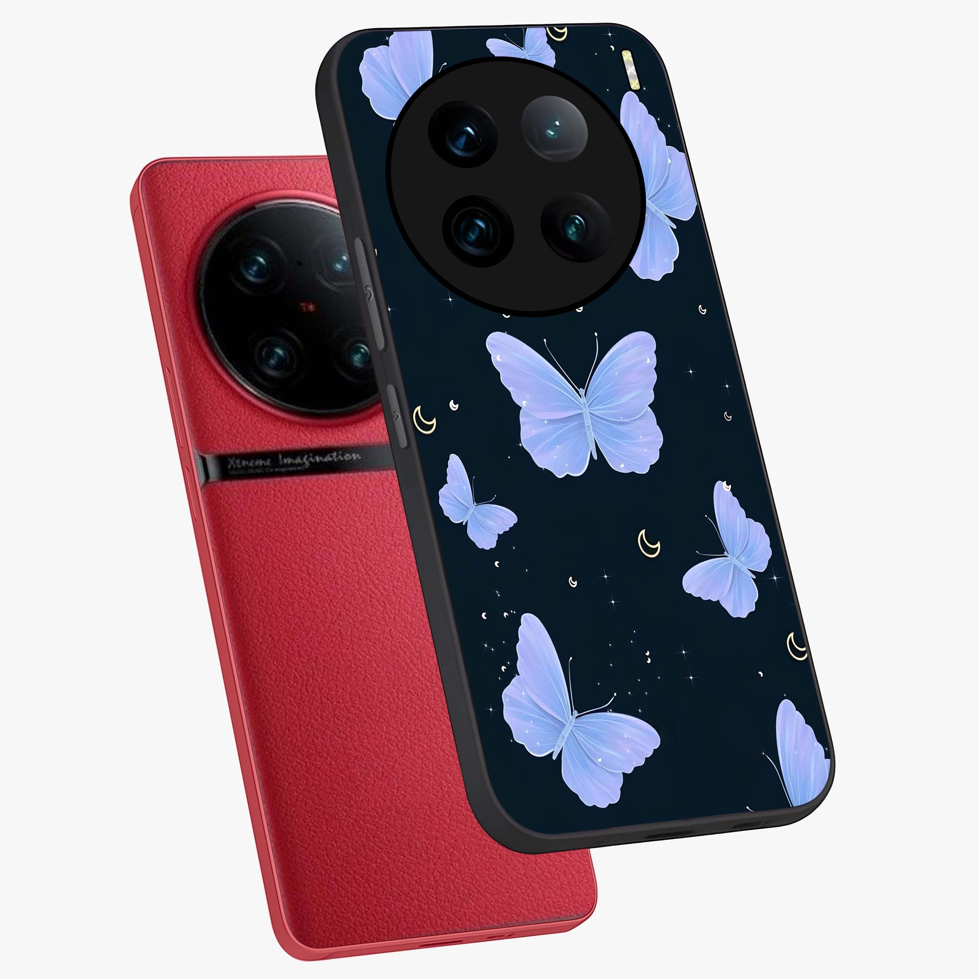 Butterfly With Stars Pattern Glass Case displayed in angled mockup highlighting dreamy butterfly and star design with aesthetic theme.