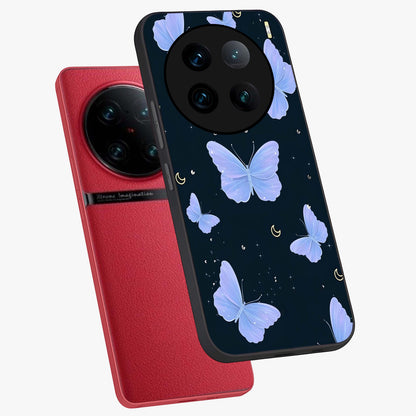 Butterfly With Stars Pattern Glass Case displayed in angled mockup highlighting dreamy butterfly and star design with aesthetic theme.