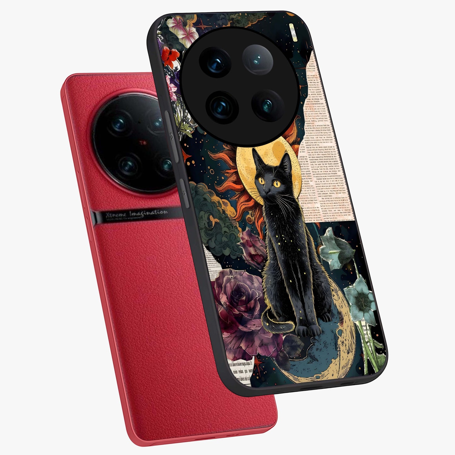 Celestial Black Cat Glass Case displayed in angled mockup highlighting cosmic black cat design with celestial aesthetic.
