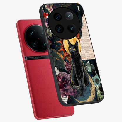 Celestial Black Cat Glass Case displayed in angled mockup highlighting cosmic black cat design with celestial aesthetic.