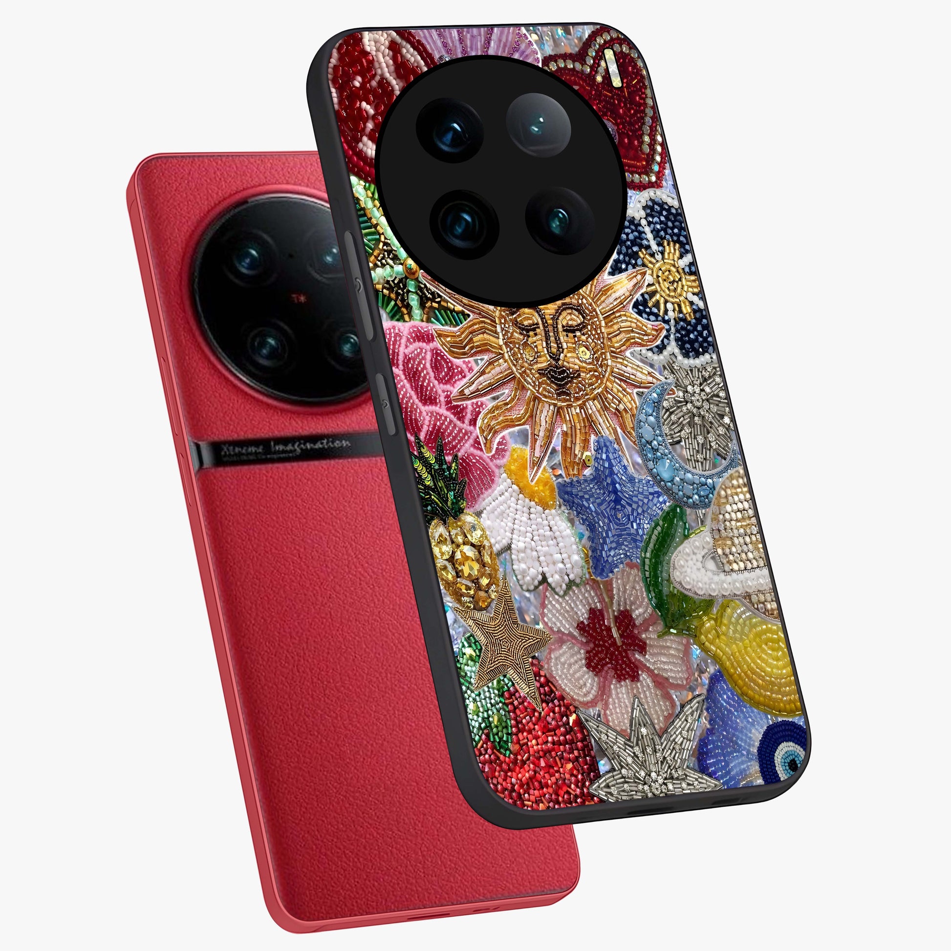 Celestial Floral and Playful Glass Case displayed in angled mockup highlighting playful floral design with dreamy celestial elements.