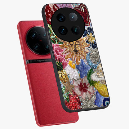 Celestial Floral and Playful Glass Case displayed in angled mockup highlighting playful floral design with dreamy celestial elements.
