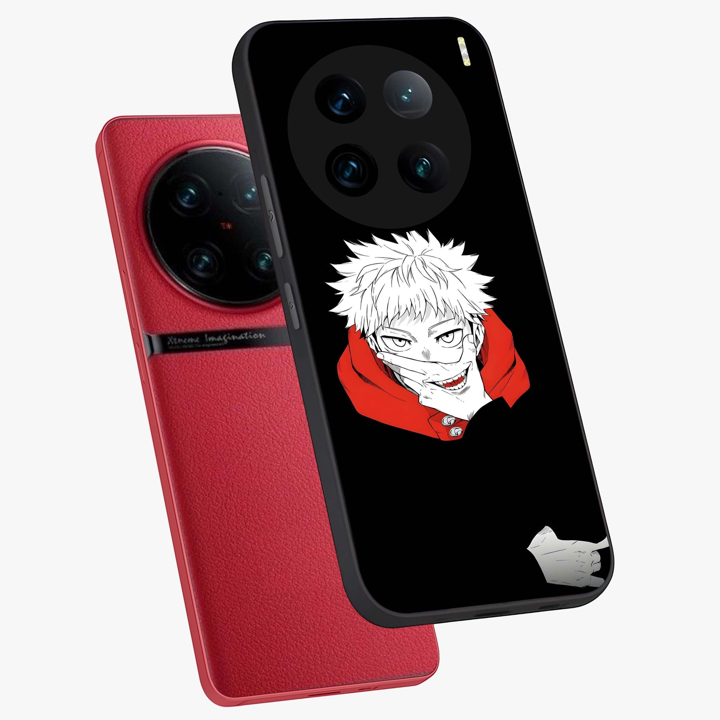 Crimson Chaos Smile Glass Case displayed in angled mockup highlighting edgy crimson smile design with graphic aesthetic.