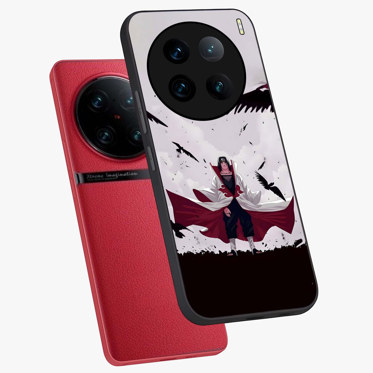 Crimson Crow Ascension Glass Case displayed in angled mockup highlighting powerful crow illustration with dark crimson aesthetic.