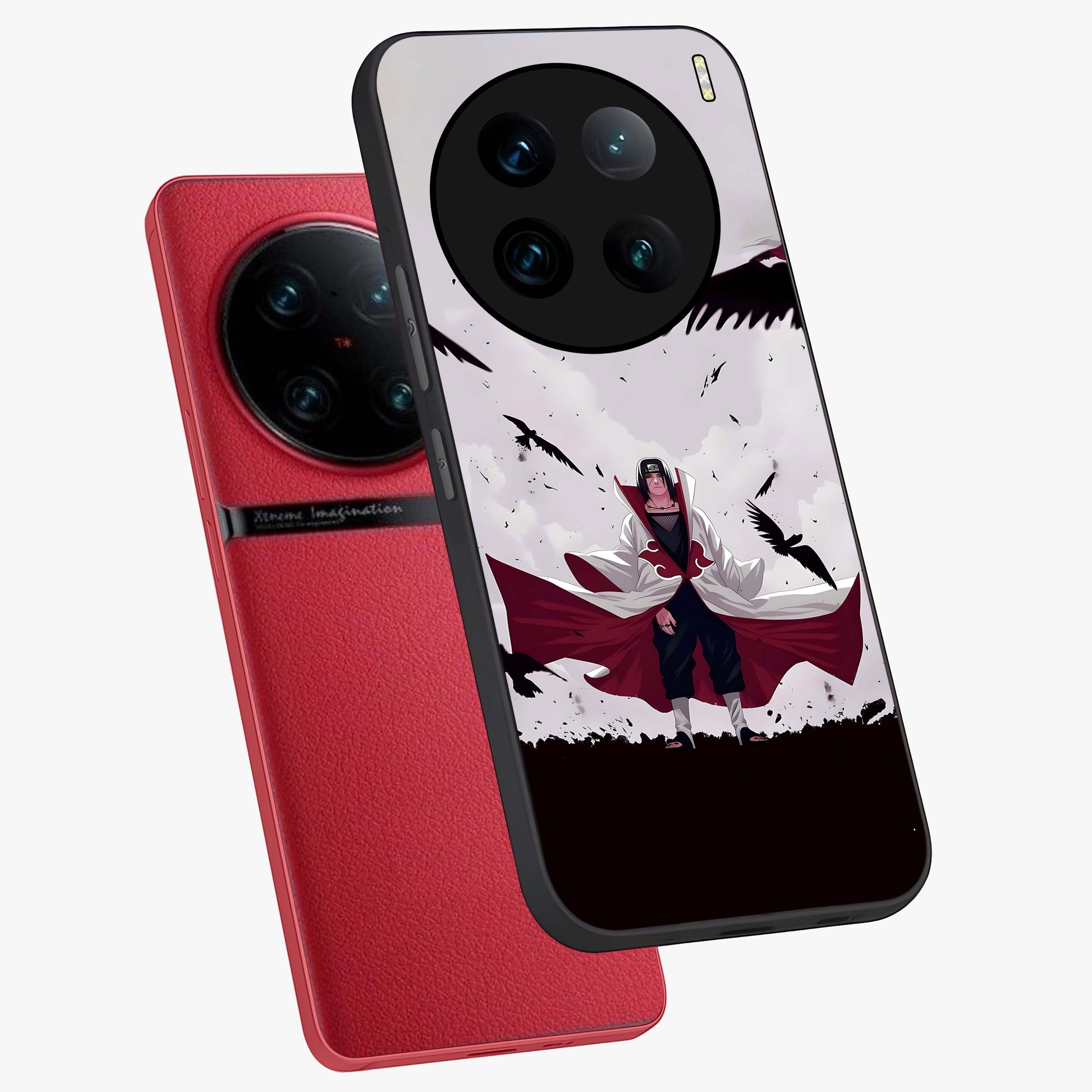 Crimson Crow Ascension Glass Case displayed in angled mockup highlighting powerful crow illustration with dark crimson aesthetic.