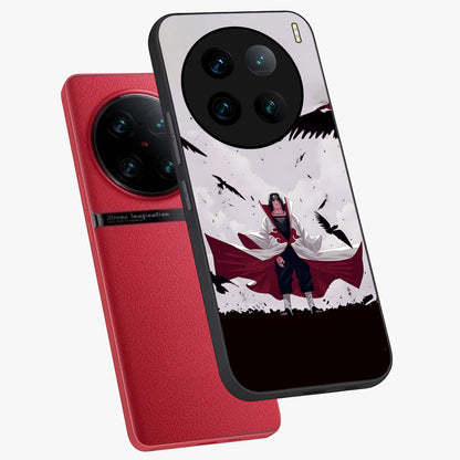 Crimson Crow Ascension Glass Case displayed in angled mockup highlighting powerful crow illustration with dark crimson aesthetic.