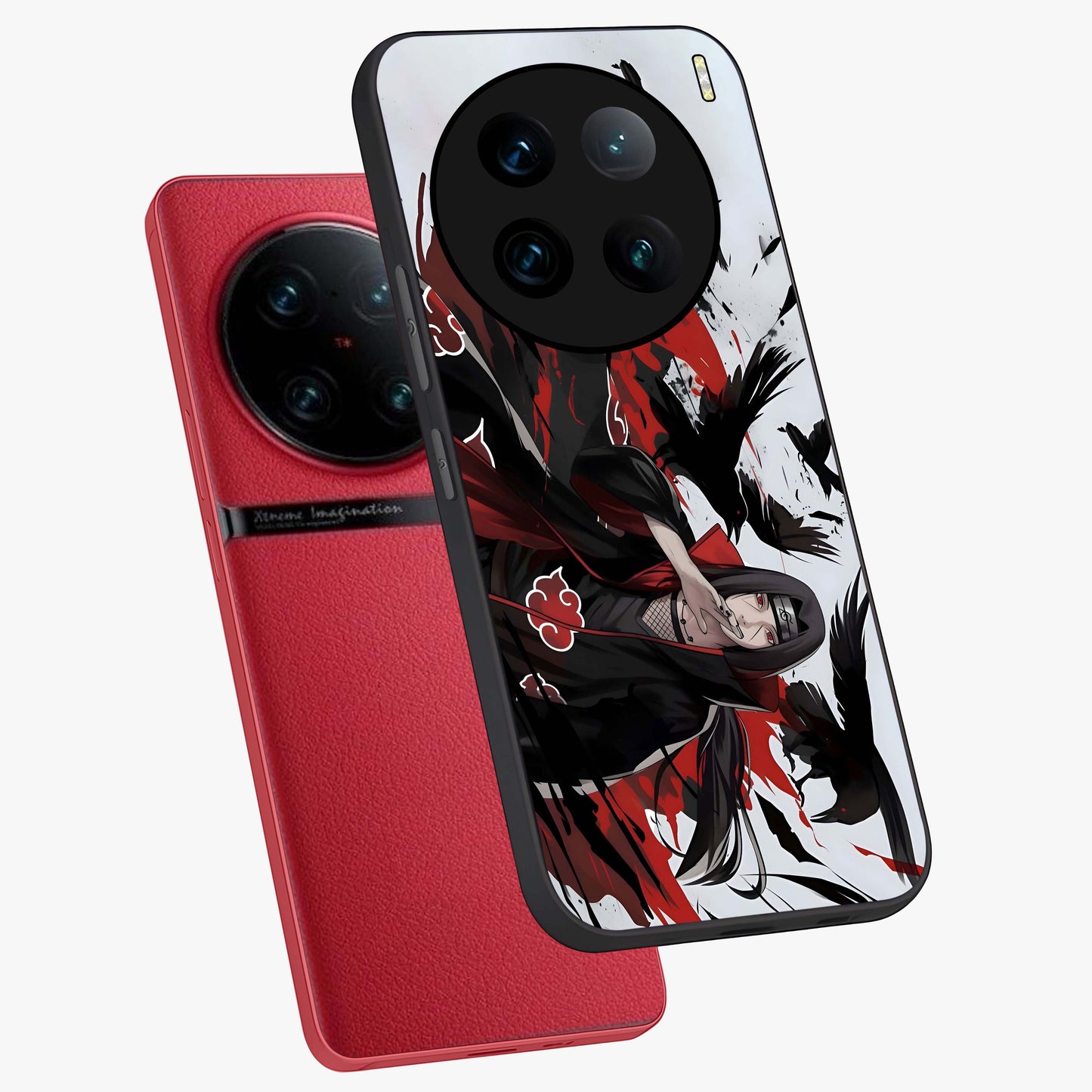 Crimson Crow Illusion Glass Case displayed in angled mockup highlighting mysterious crow graphic with dark aesthetic style.
