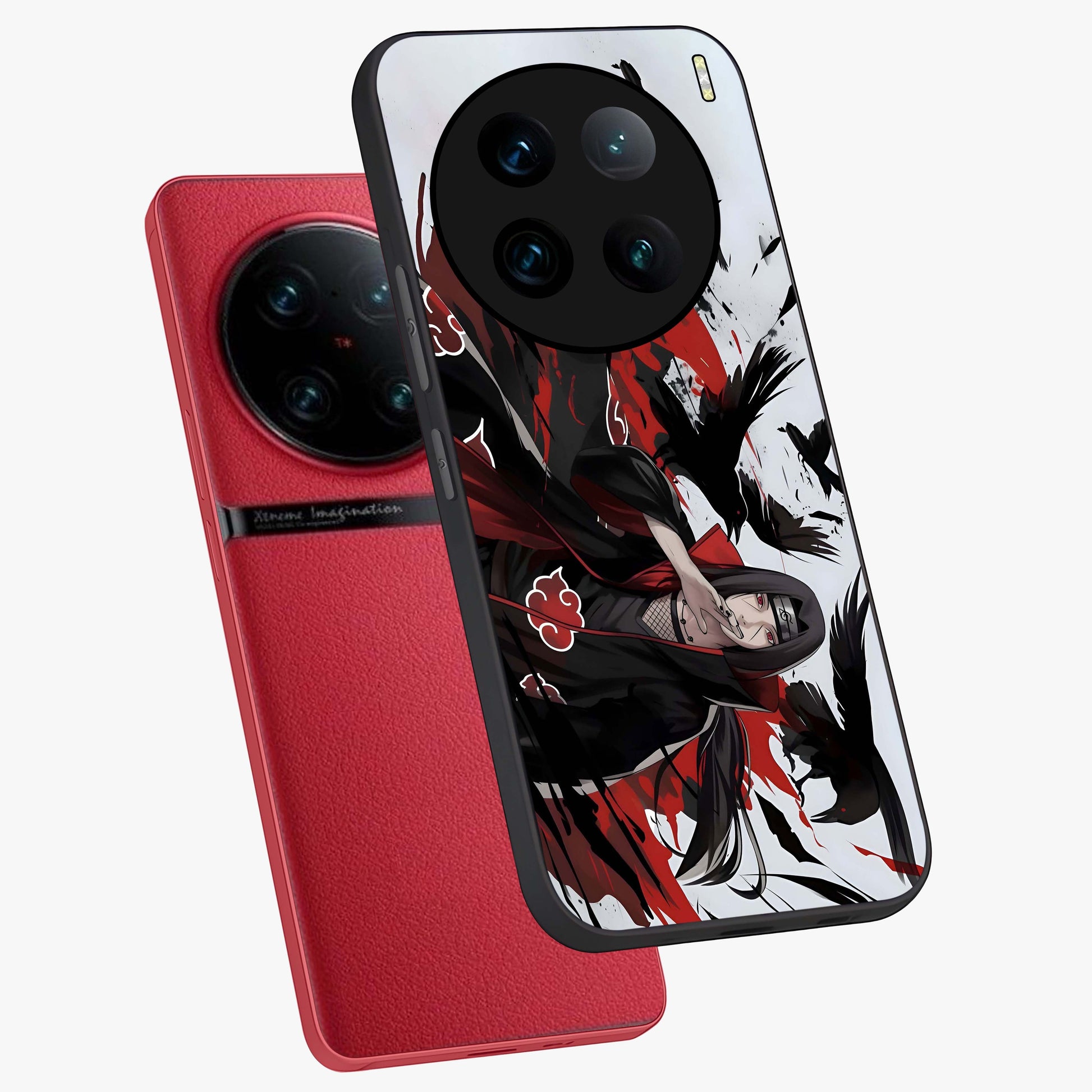 Crimson Crow Illusion Glass Case displayed in angled mockup highlighting mysterious crow graphic with dark aesthetic style.