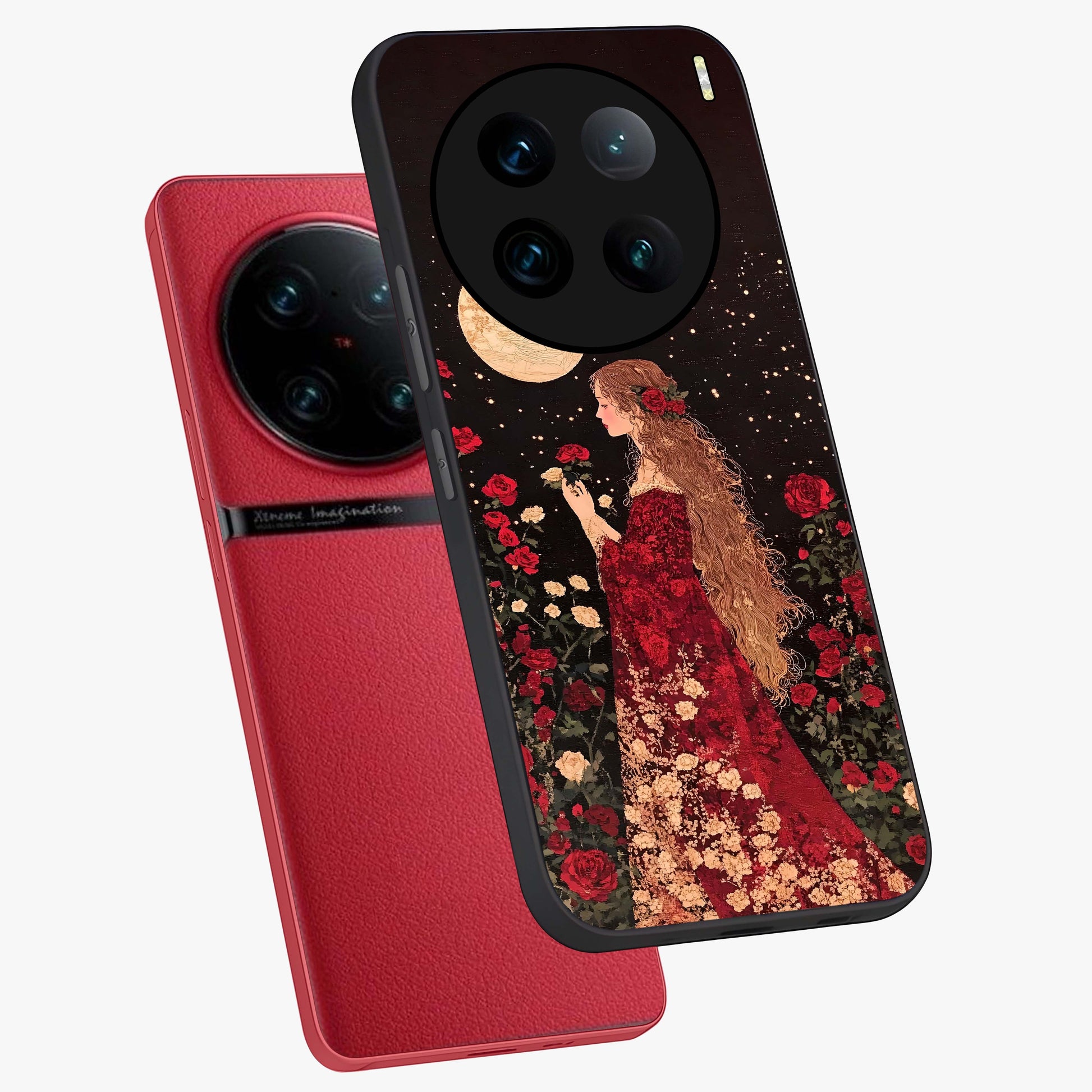 Crimson Dreams Glass Case displayed in angled mockup highlighting soft crimson aesthetic design with artistic theme.