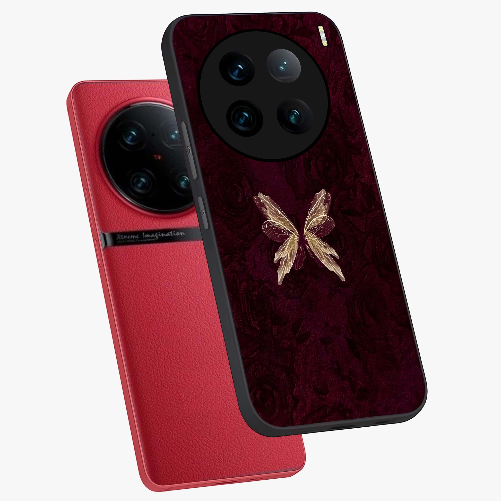 Crimson Fade Butterfly Glass Case displayed in angled mockup highlighting elegant butterfly design with crimson gradient aesthetic.