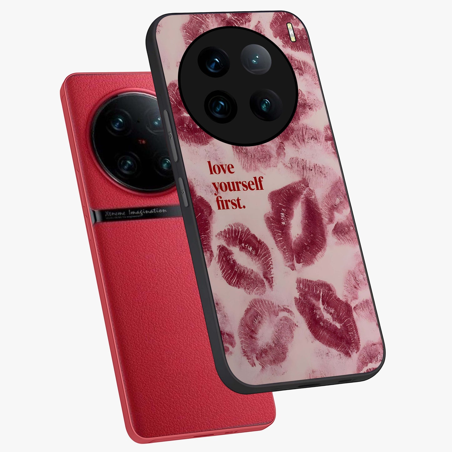 Crimson Kiss Love Glass Case displayed in angled mockup highlighting bold love inspired design with modern aesthetic style.