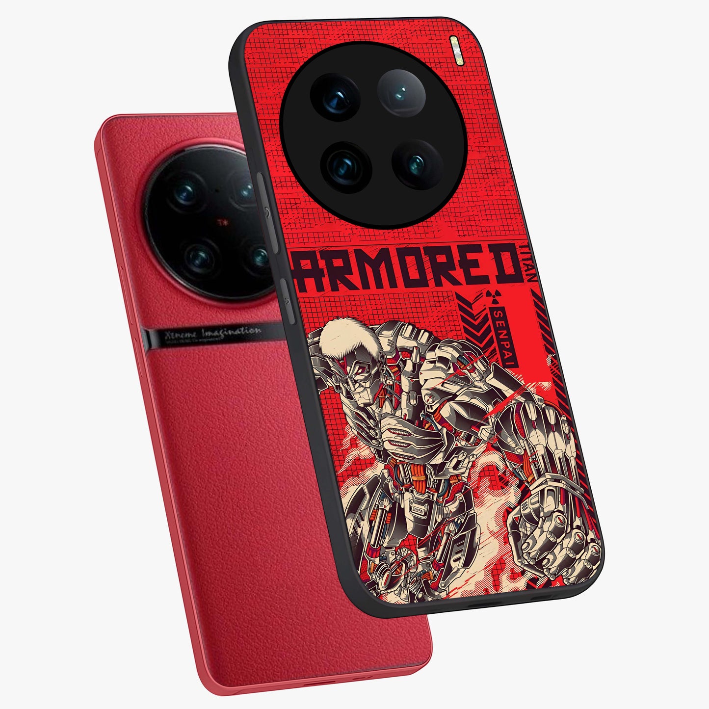 Crimson Mecha Titan Glass Case displayed in angled mockup highlighting futuristic mech illustration with bold crimson aesthetic.