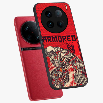 Crimson Mecha Titan Glass Case displayed in angled mockup highlighting futuristic mech illustration with bold crimson aesthetic.