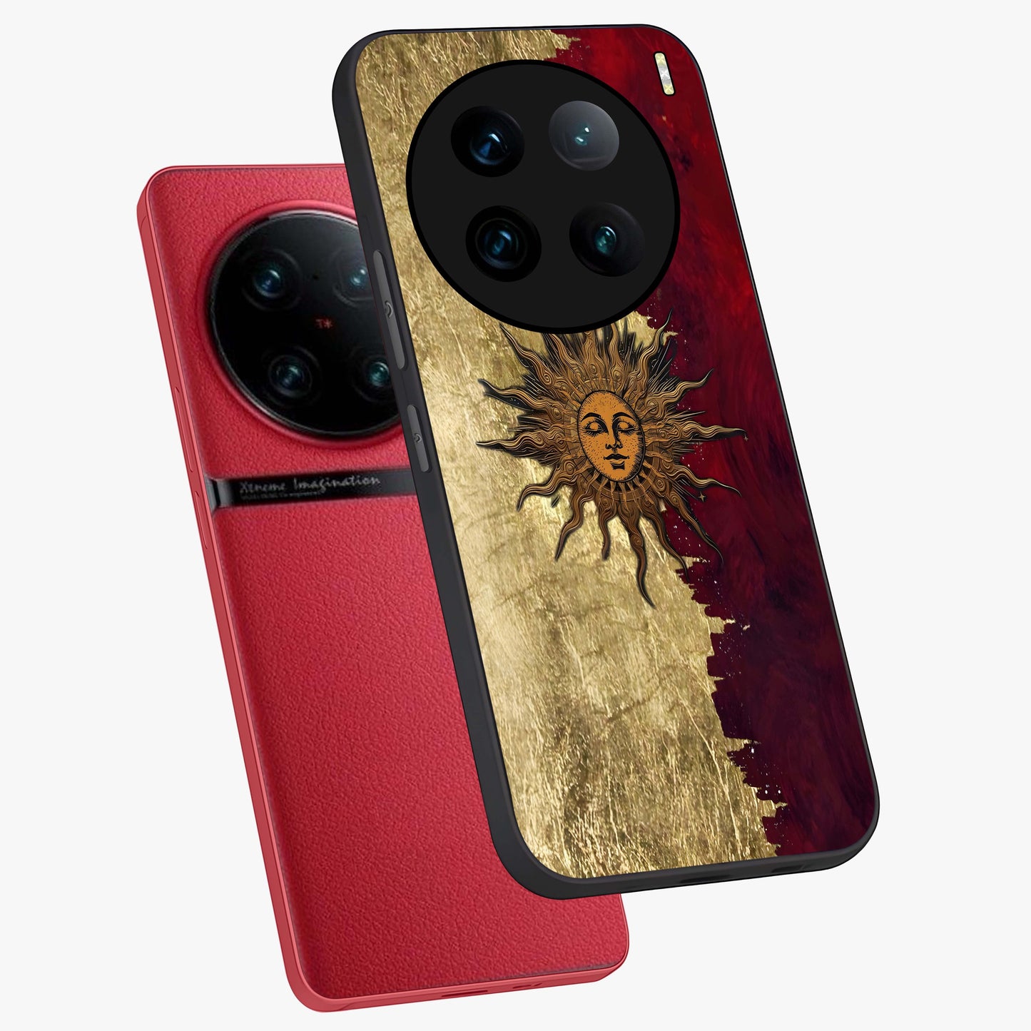 Crimson Sun Majesty Glass Case displayed in angled mockup highlighting majestic crimson sun design with bold aesthetic style.