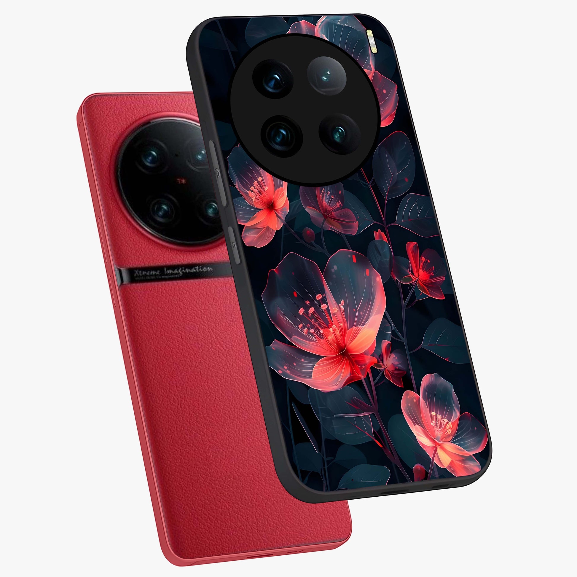 Dark Shade of Flower Glass Case displayed in angled mockup highlighting moody floral illustration with aesthetic dark tones.