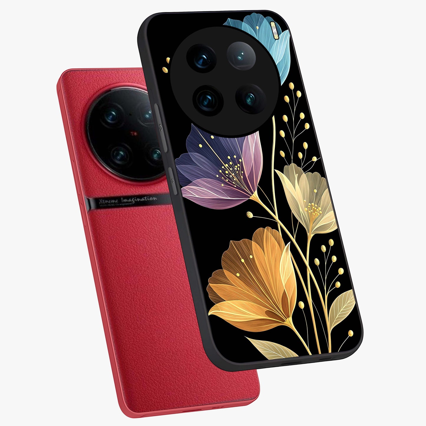 Delicate Multicolor Flowers Glass Case displayed in angled mockup highlighting colorful flower pattern with soft aesthetic style.