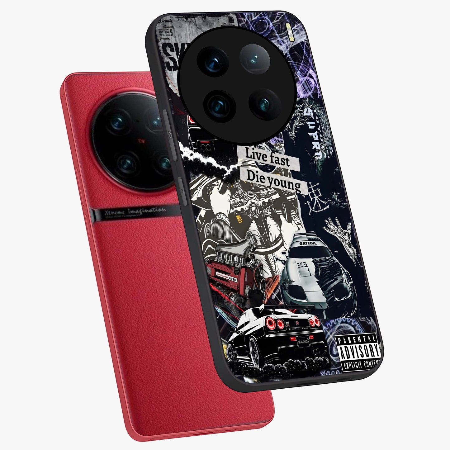 Die Young Glass Case displayed in angled mockup highlighting expressive graphic artwork with edgy aesthetic style.