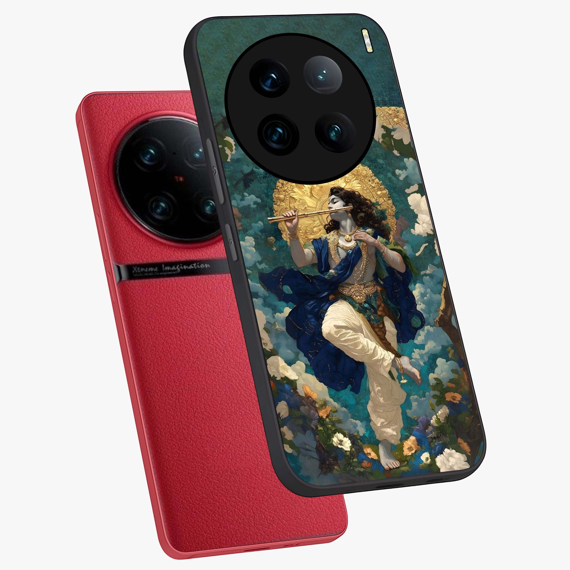 Divine Krishna Art Glass Case displayed in angled mockup highlighting spiritual Krishna illustration with devotional aesthetic.