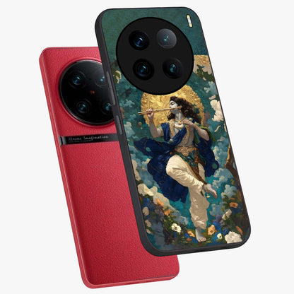Divine Krishna Art Glass Case displayed in angled mockup highlighting spiritual Krishna illustration with devotional aesthetic.