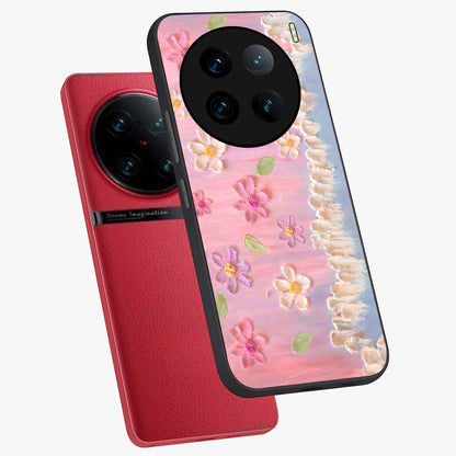 Dreamy Painted Garden Glass Case displayed in angled mockup highlighting colorful garden illustration with dreamy aesthetic style.
