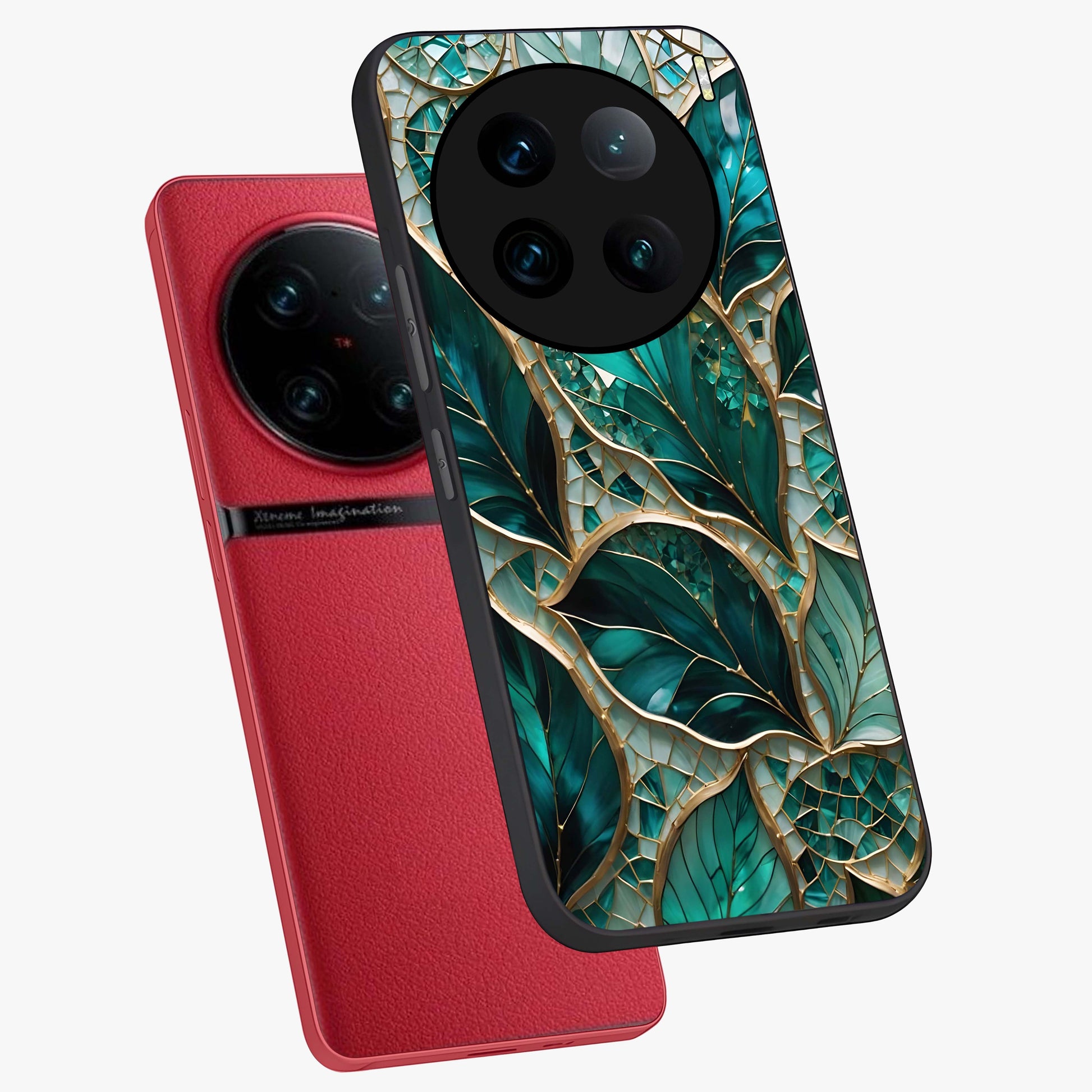 Emerald Leaf Glass Glass Case displayed in angled mockup highlighting botanical leaf illustration with elegant natural aesthetic.