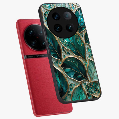 Emerald Leaf Glass Glass Case displayed in angled mockup highlighting botanical leaf illustration with elegant natural aesthetic.