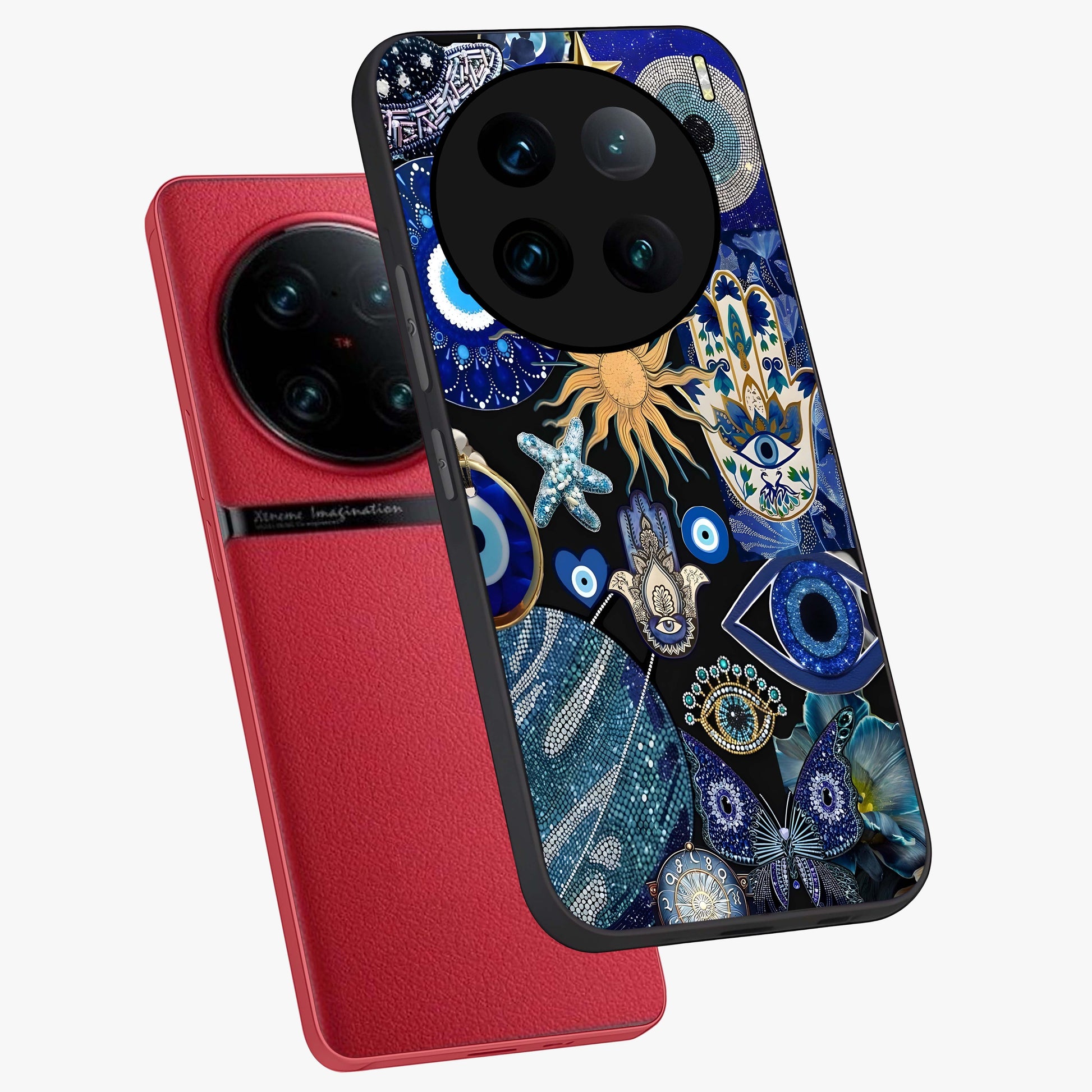 Evil Eye Charm Mix Glass Case displayed in angled mockup highlighting protective evil eye symbols with spiritual aesthetic design.