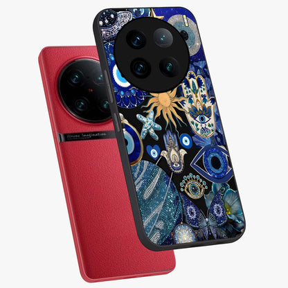 Evil Eye Charm Mix Glass Case displayed in angled mockup highlighting protective evil eye symbols with spiritual aesthetic design.