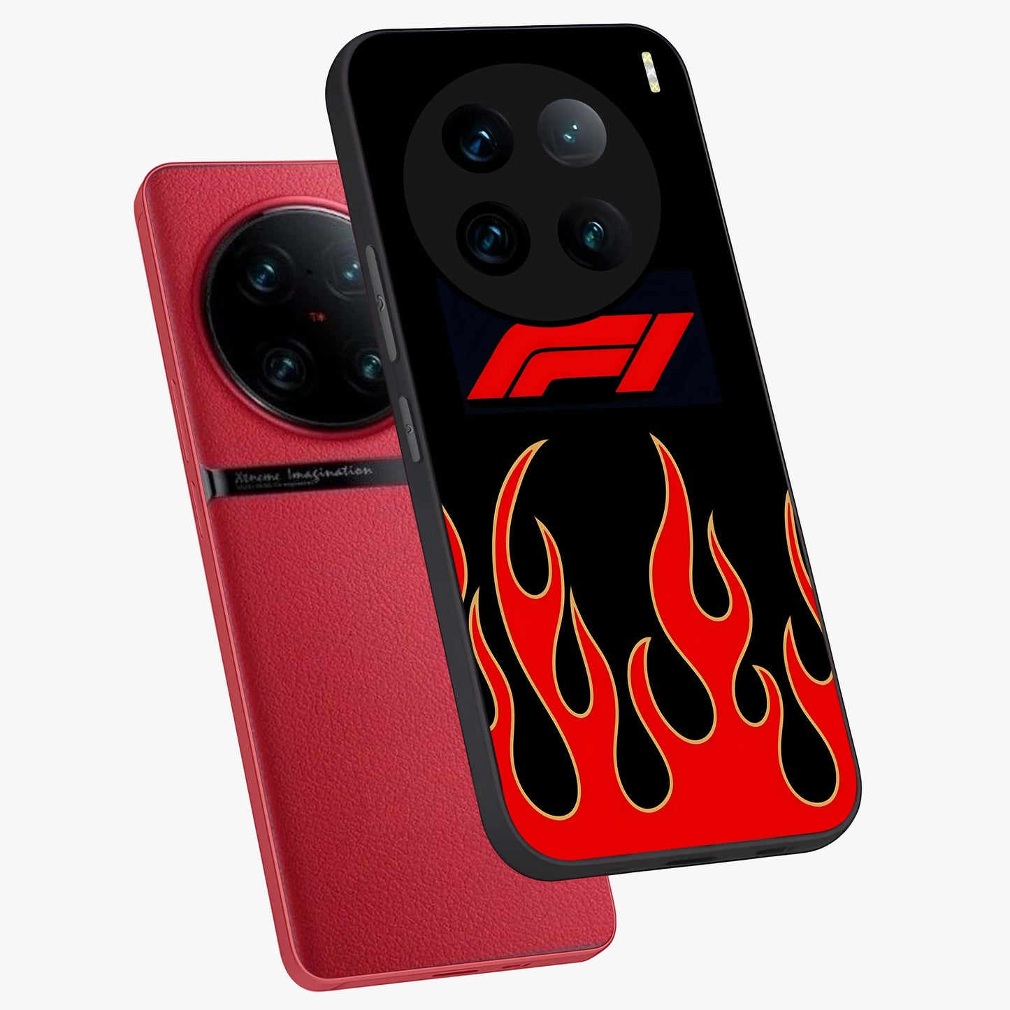 Fire F11 Glass Case displayed in angled mockup highlighting bold fire inspired graphic with energetic aesthetic style.
