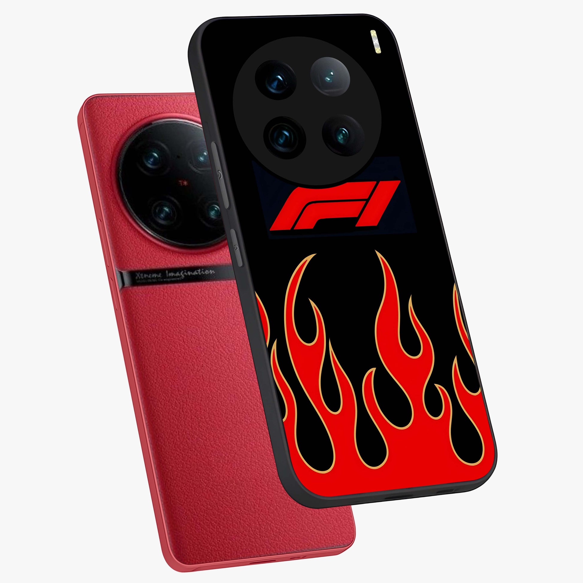 Fire F11 Glass Case displayed in angled mockup highlighting bold fire inspired graphic with energetic aesthetic style.