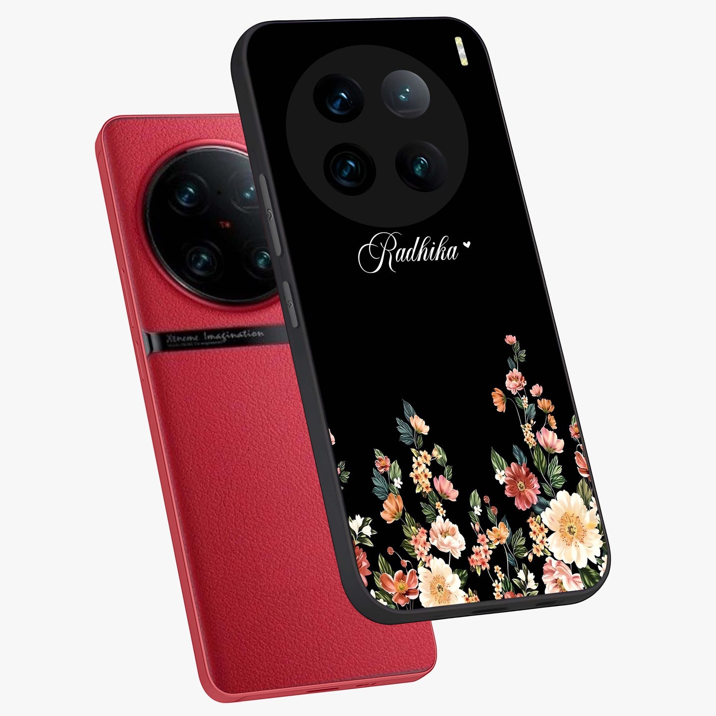 Floral Design With a Custom Personalized Name Glass Case displayed in angled mockup highlighting elegant floral pattern with custom name feature.