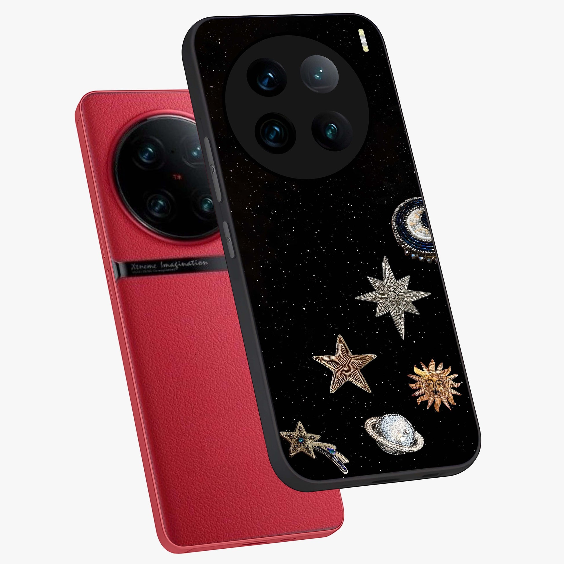 Galactic Charm Glow Glass Case displayed in angled mockup highlighting luminous galaxy inspired design with dreamy aesthetic.