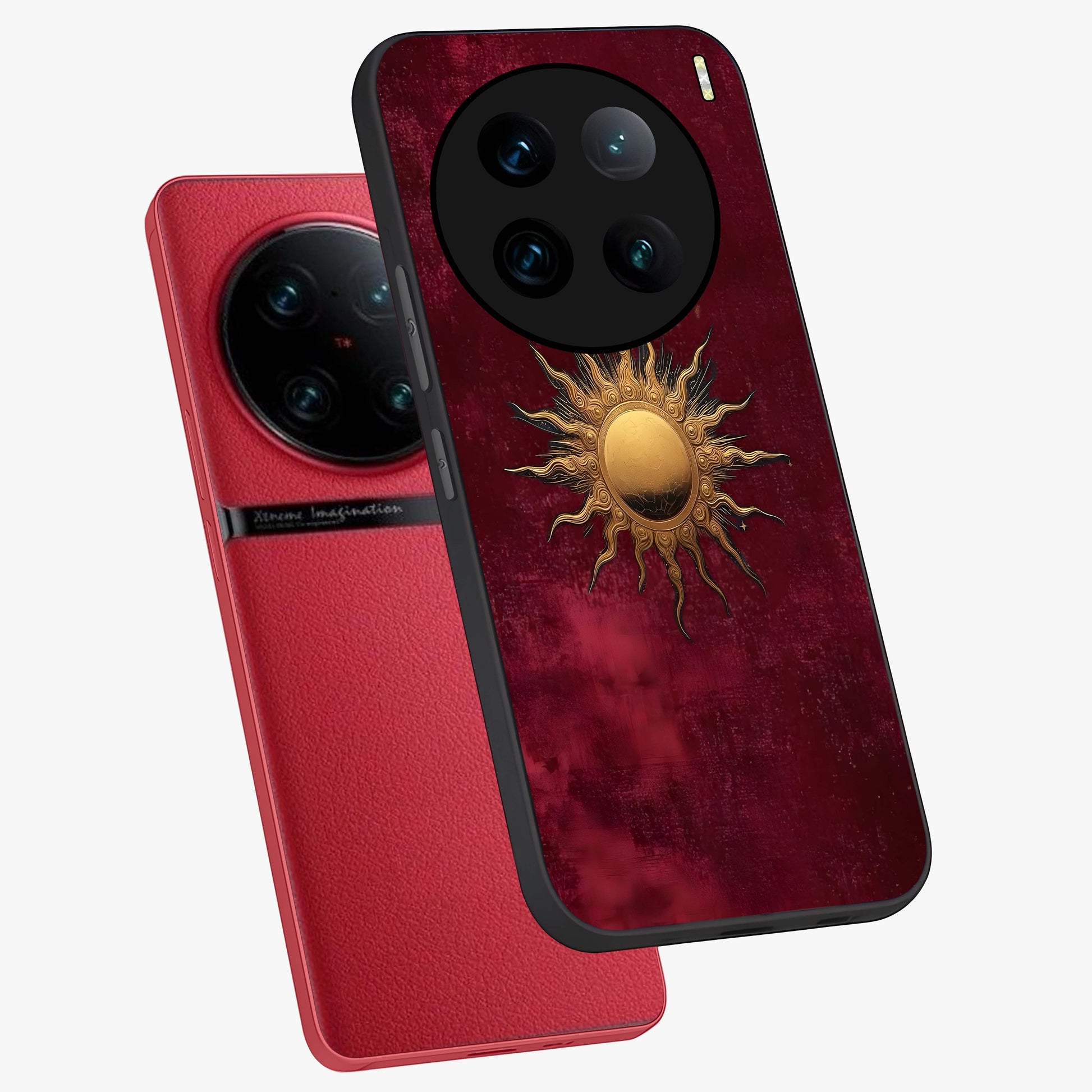 Golden Sun Minimalism Glass Case displayed in angled mockup highlighting clean sun symbol design with modern minimal aesthetic.
