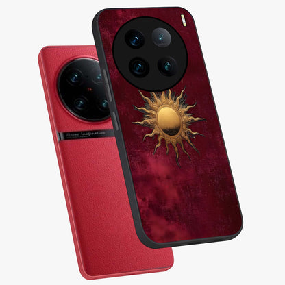 Golden Sun Minimalism Glass Case displayed in angled mockup highlighting clean sun symbol design with modern minimal aesthetic.