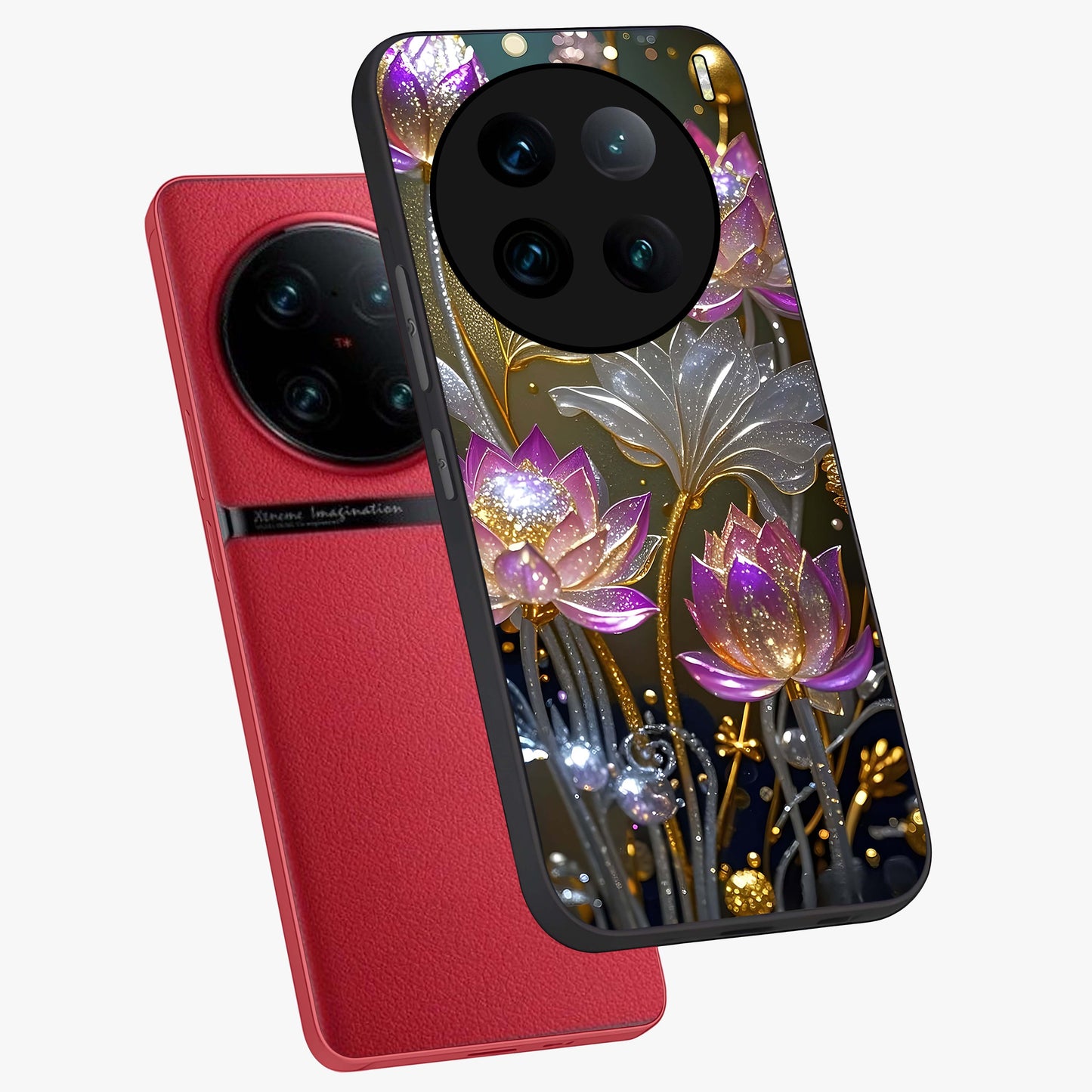 Golden Floral Majesty Glass Case displayed in angled mockup highlighting elegant flower design with royal golden aesthetic.